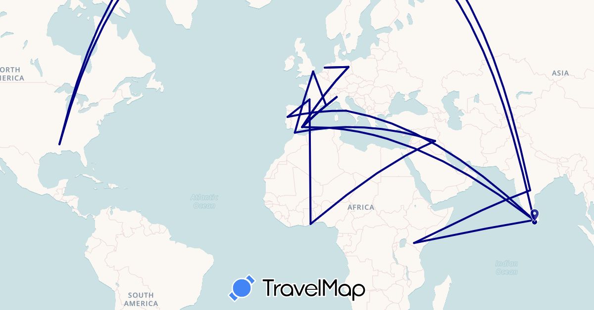 TravelMap itinerary: driving in Germany, Spain, France, United Kingdom, Ghana, India, Iraq, Italy, Kenya, Sri Lanka, Morocco, Netherlands, Portugal, United States (Africa, Asia, Europe, North America)